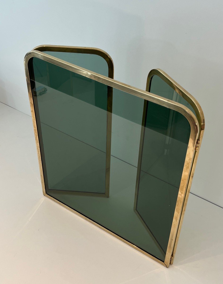 Fireplace Screen Made Of Glass Panels Surrounded By A Brass Frame. French Work. Circa 1970-photo-7