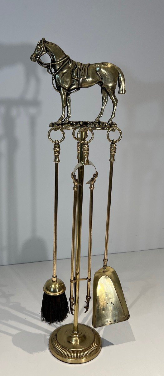 Rare Brass Fireplace Tools Surmounted By A Sculpture Representing A Horse. French Work