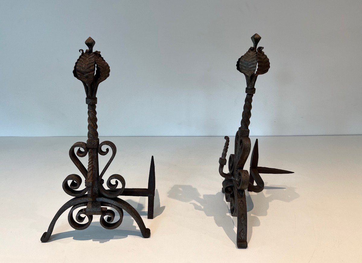 Pair Of Wrought Iron Andirons Decorated With Foliage And Scrolls. French Work. Circa 1900-photo-3