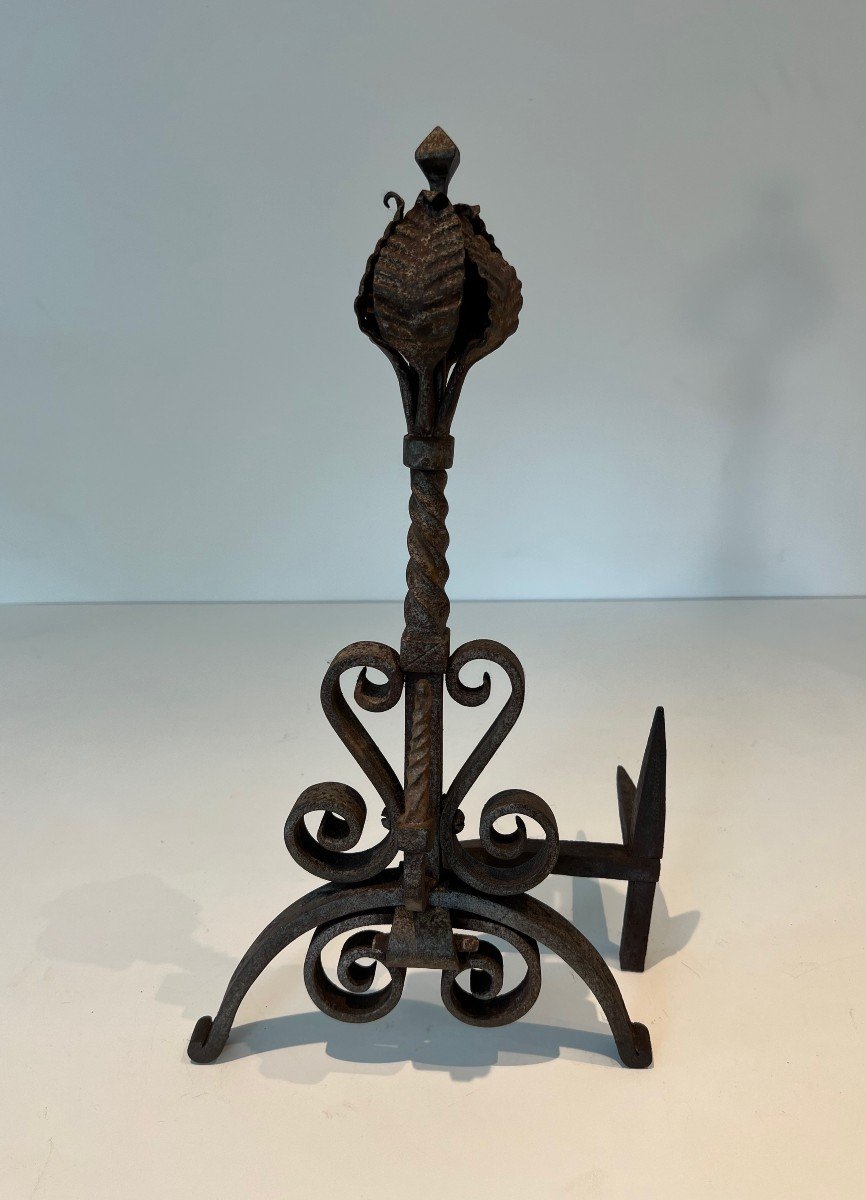 Pair Of Wrought Iron Andirons Decorated With Foliage And Scrolls. French Work. Circa 1900-photo-1