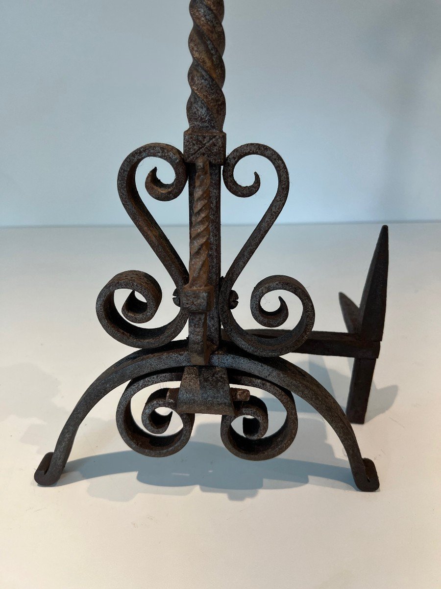 Pair Of Wrought Iron Andirons Decorated With Foliage And Scrolls. French Work. Circa 1900-photo-3