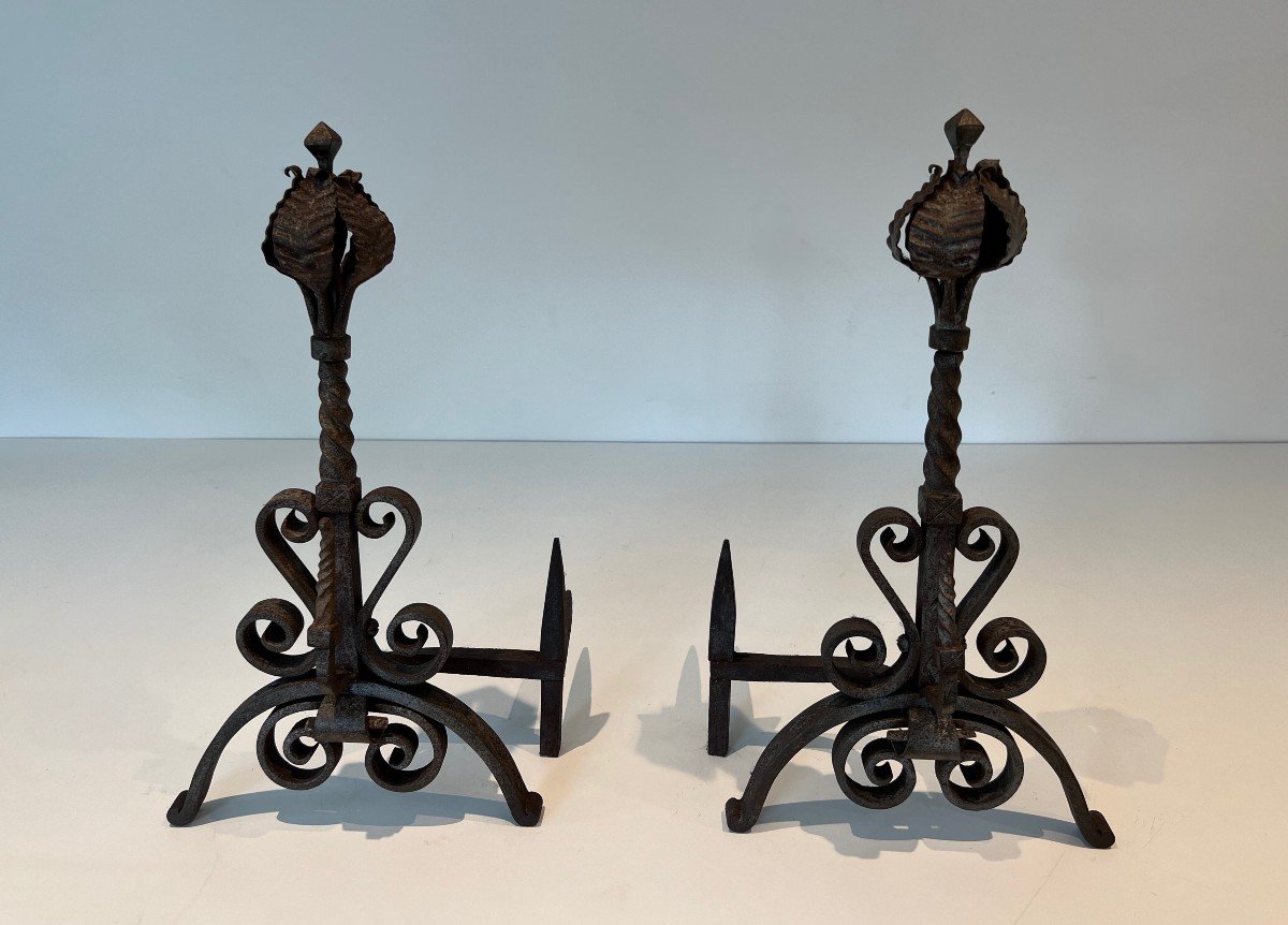 Pair Of Wrought Iron Andirons Decorated With Foliage And Scrolls. French Work. Circa 1900-photo-7