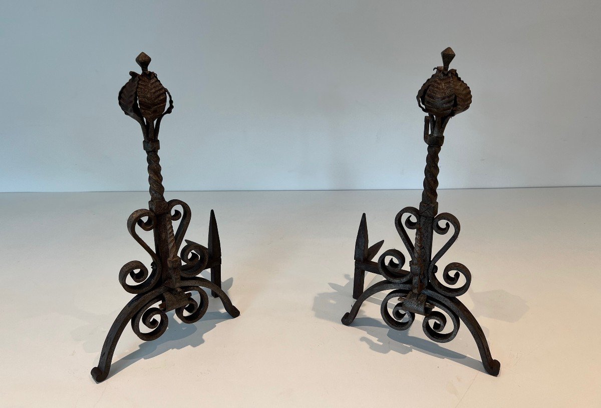 Pair Of Wrought Iron Andirons Decorated With Foliage And Scrolls. French Work. Circa 1900-photo-8