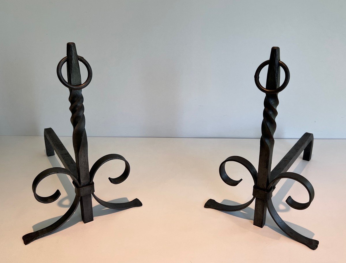 Pair Of Wrought Iron Andirons. French Work. Circa 1920-photo-7