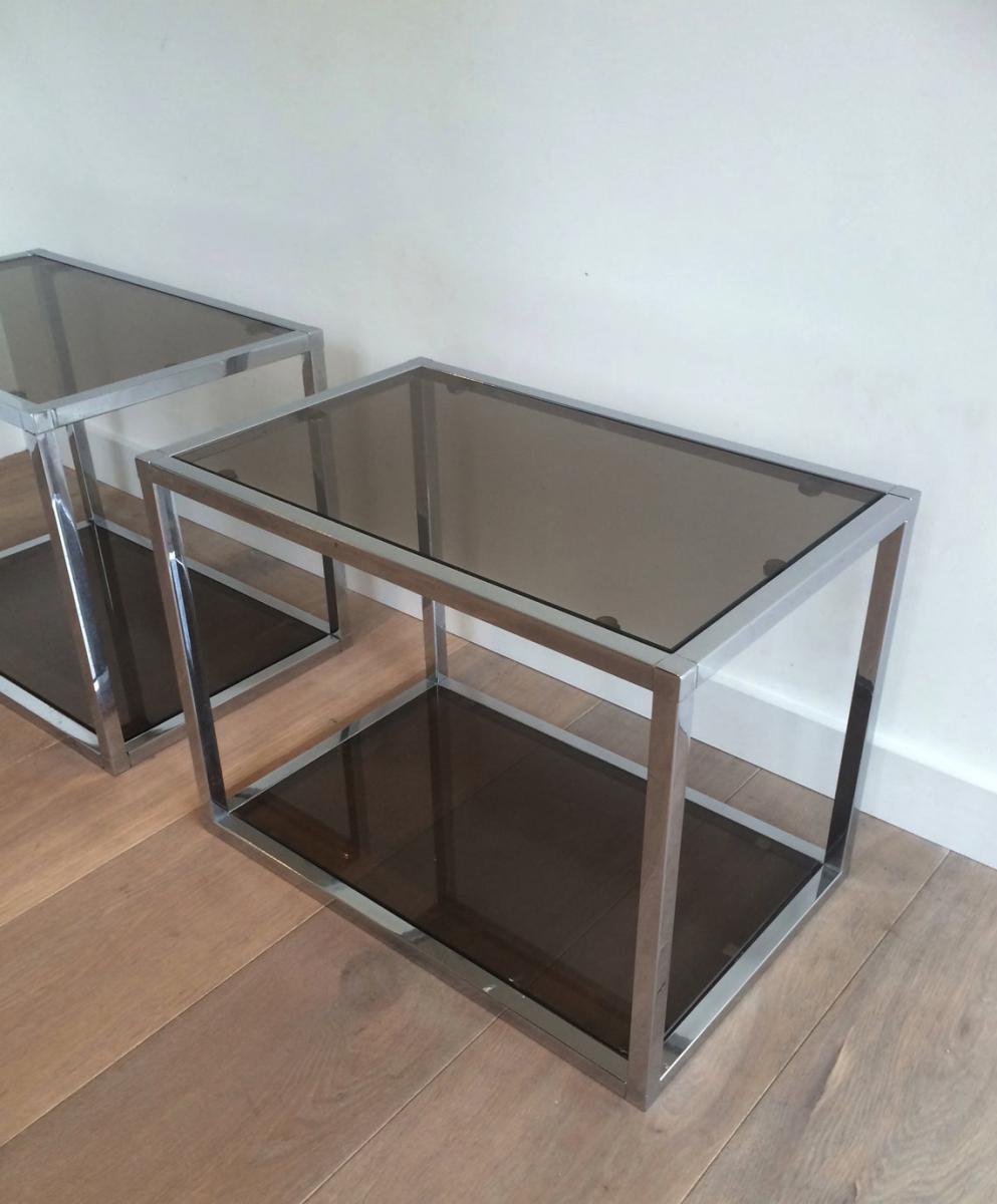 Pair Of Chrome And Smoked Glasses Side Tables. Circa 1970-photo-1