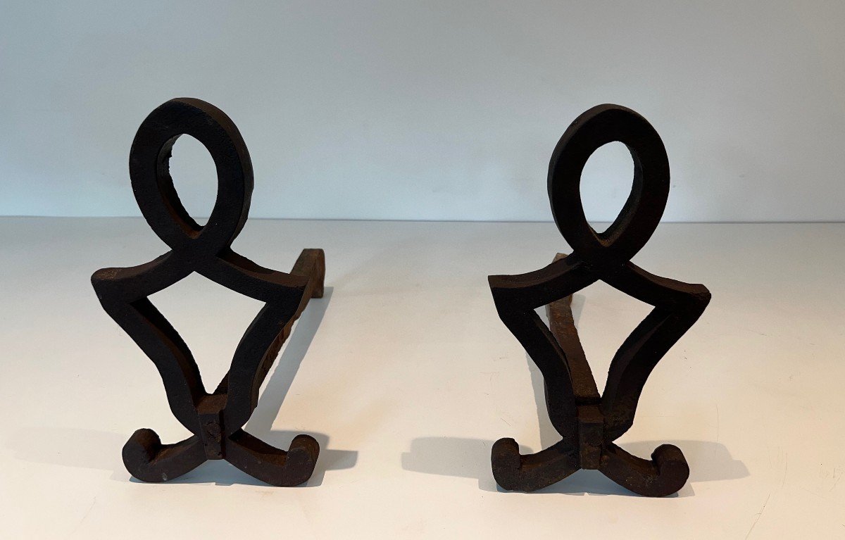 Pair Of Modernized Andirons In Cast Iron And Wrought Iron. French Work By Raymond Subes. Around 1940-photo-8