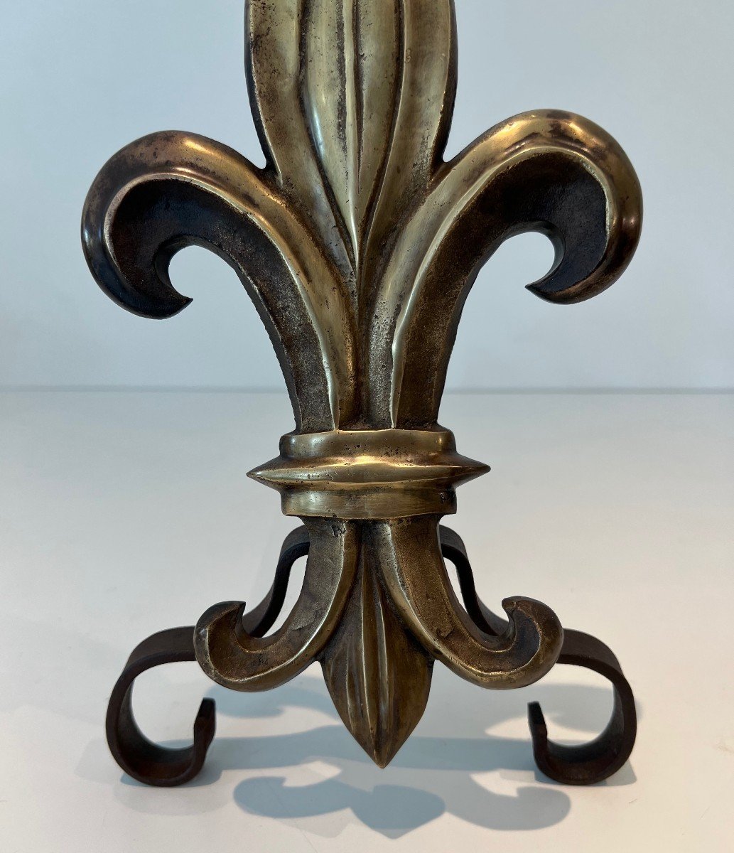 Pair Of Bronze And Wrought Iron Andirons Representing A Fleurs De Lys. French Work. Towards-photo-6