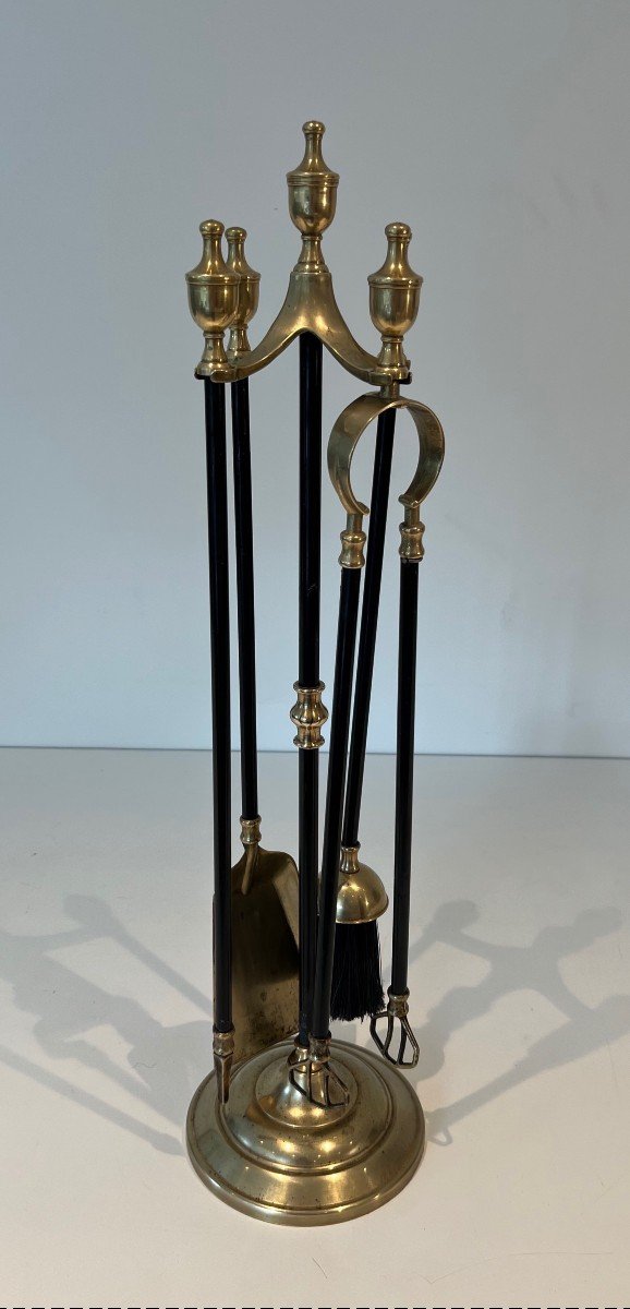 Fire Kit In Brass And Black Lacquered Metal. French Work. Around 1970-photo-2