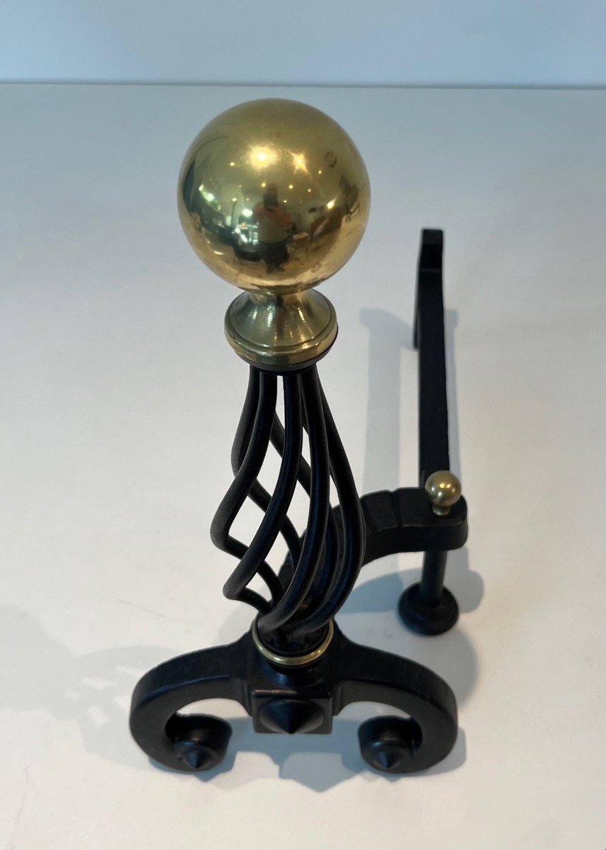 Pair Of Wrought Iron Andirons Topped With A Brass Ball. French Work. Around 1970-photo-3
