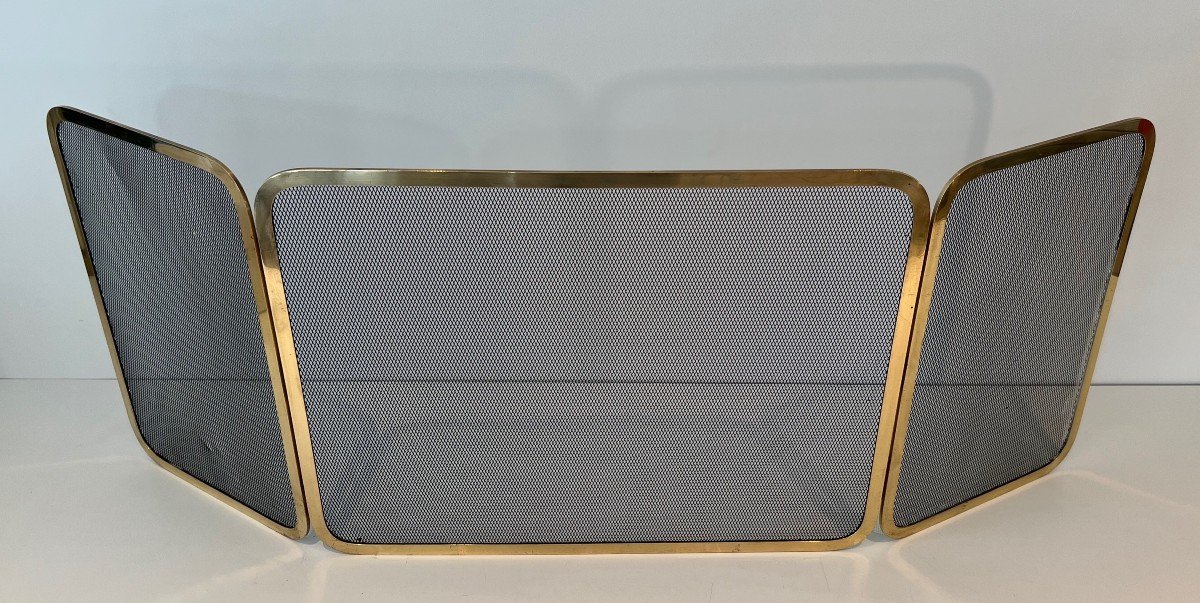 3-fold Firewall In Brass And Mesh. French Work. Around 1970-photo-2