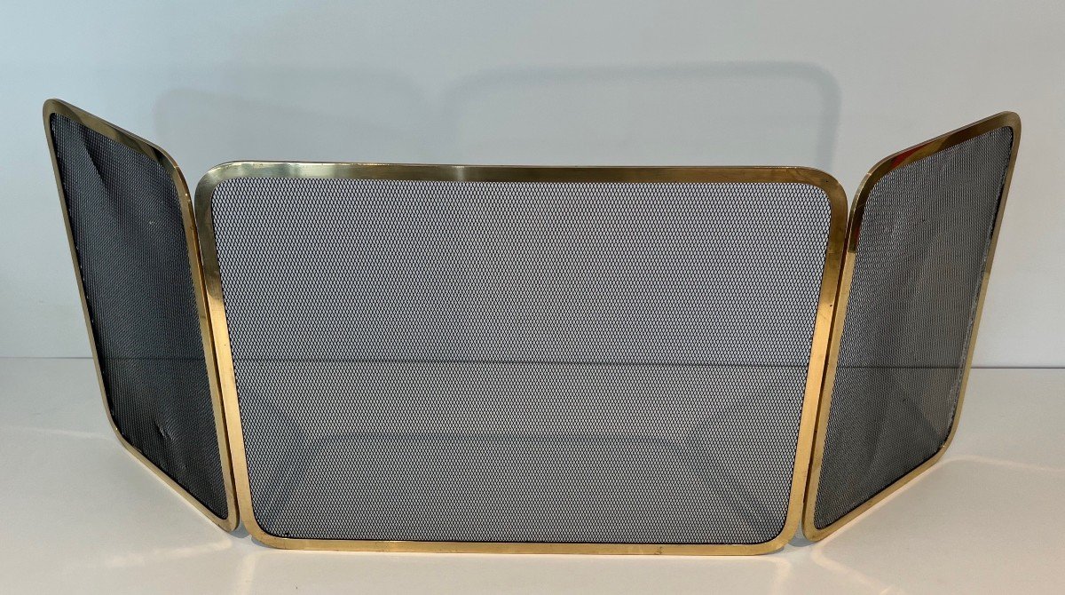 3-fold Firewall In Brass And Mesh. French Work. Around 1970-photo-5