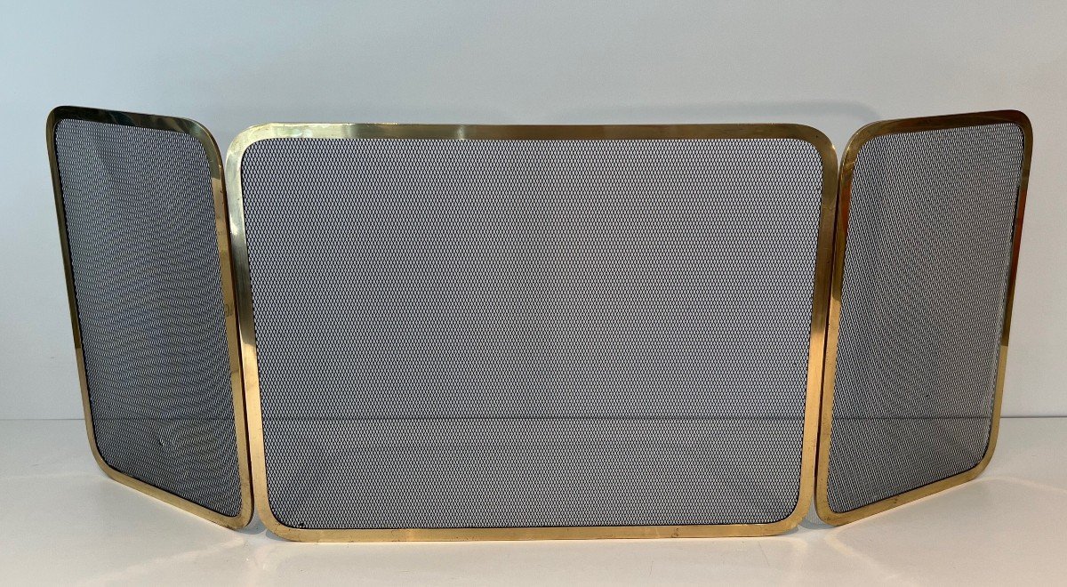 3-fold Firewall In Brass And Mesh. French Work. Around 1970