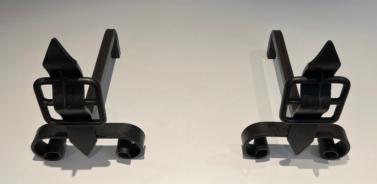 Pair Of Modernist Andirons Representing A Belt. French Work. Around 1950-photo-3