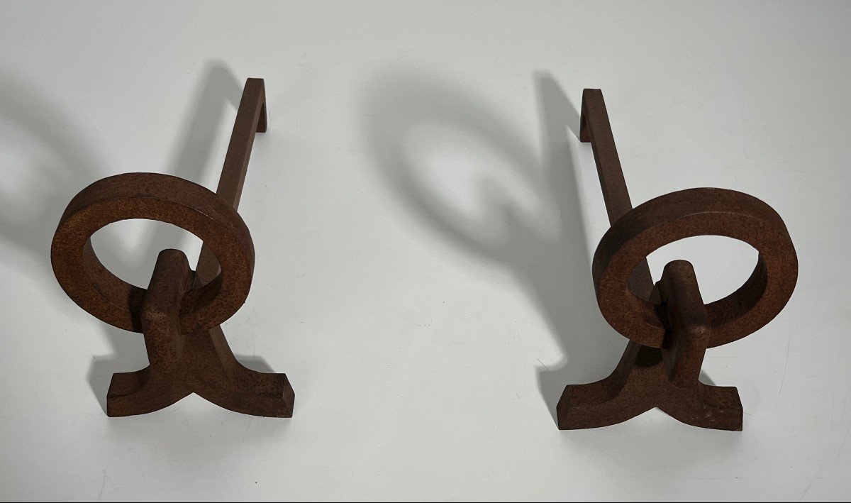 Pair Of Modernist Wrought Iron Andirons. French Work In The Taste Of Jacques Adnet. Towards-photo-8