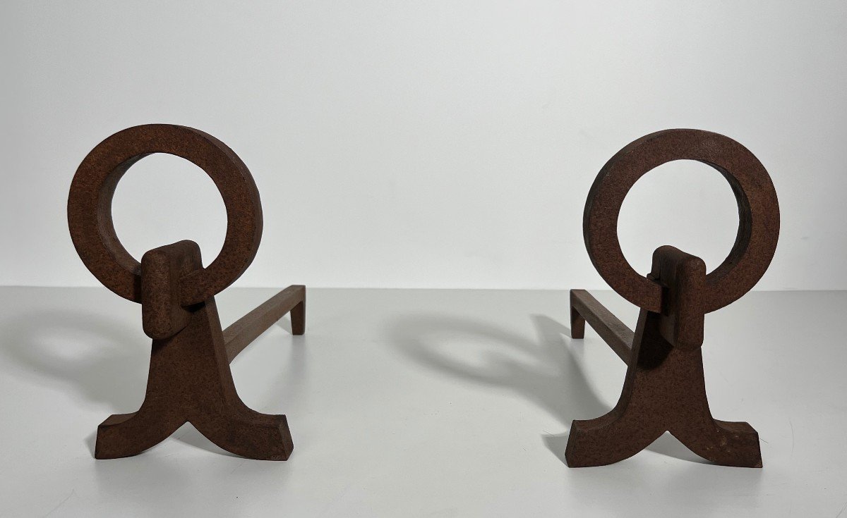 Pair Of Modernist Wrought Iron Andirons. French Work In The Taste Of Jacques Adnet. Towards