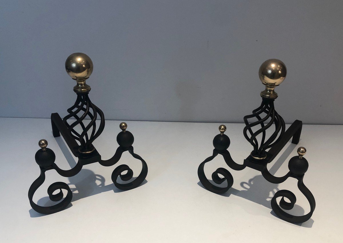 Pair Of Wrought Iron Andirons Topped With A Brass Ball. French Work. Around 1970-photo-4