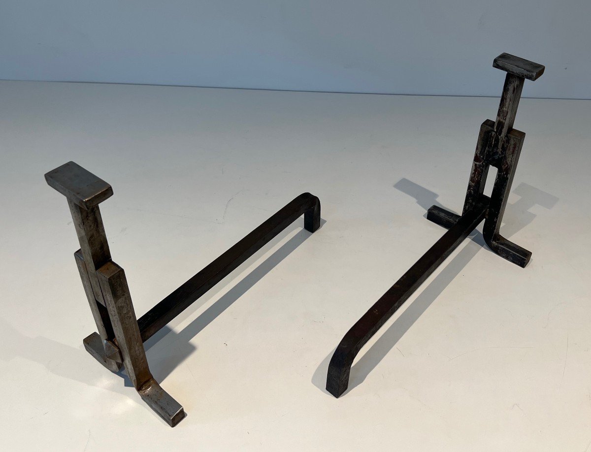 Pair Of Modernist Wrought Iron Andirons. French Work. Circa 1950-photo-2