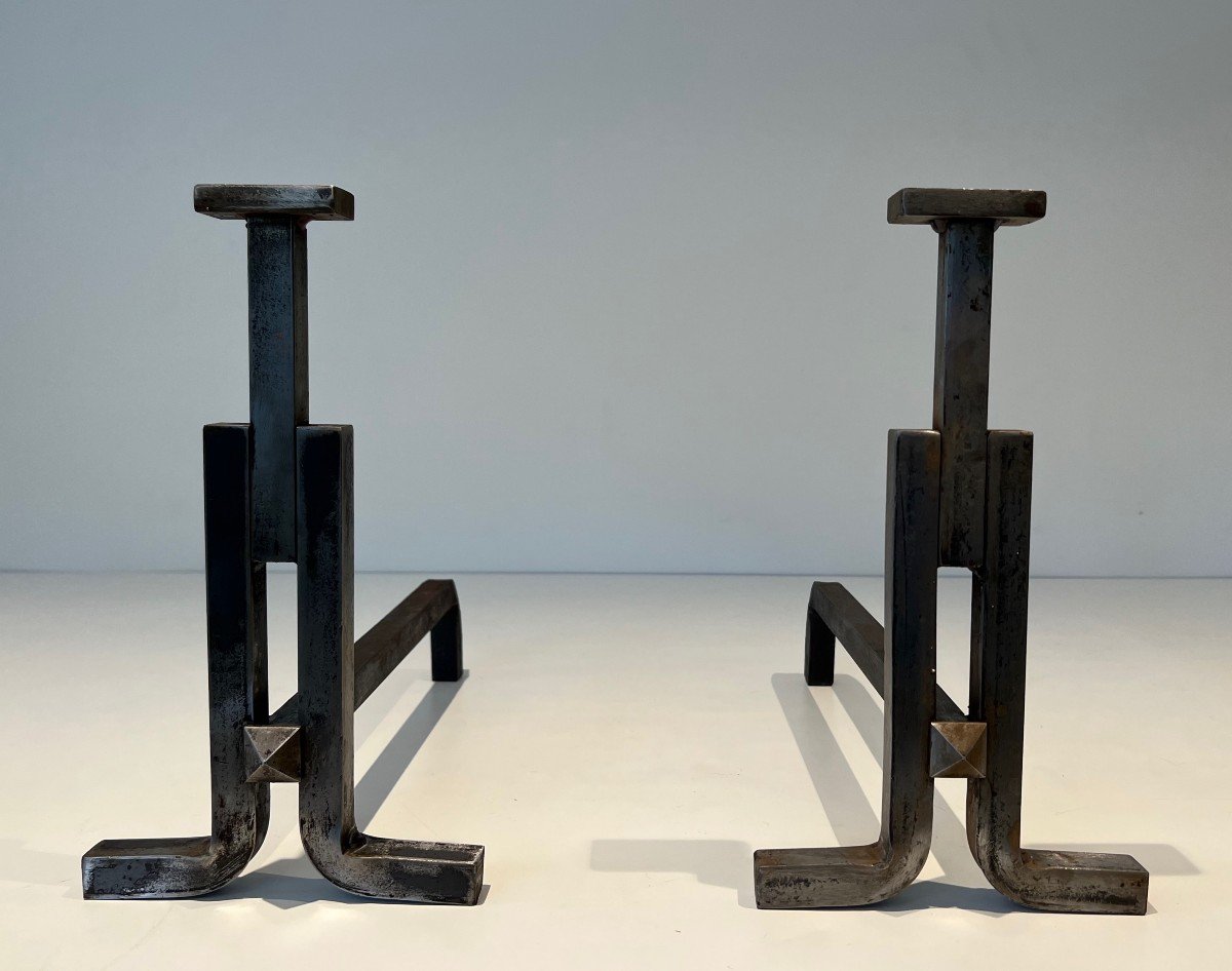 Pair Of Modernist Wrought Iron Andirons. French Work. Circa 1950-photo-3