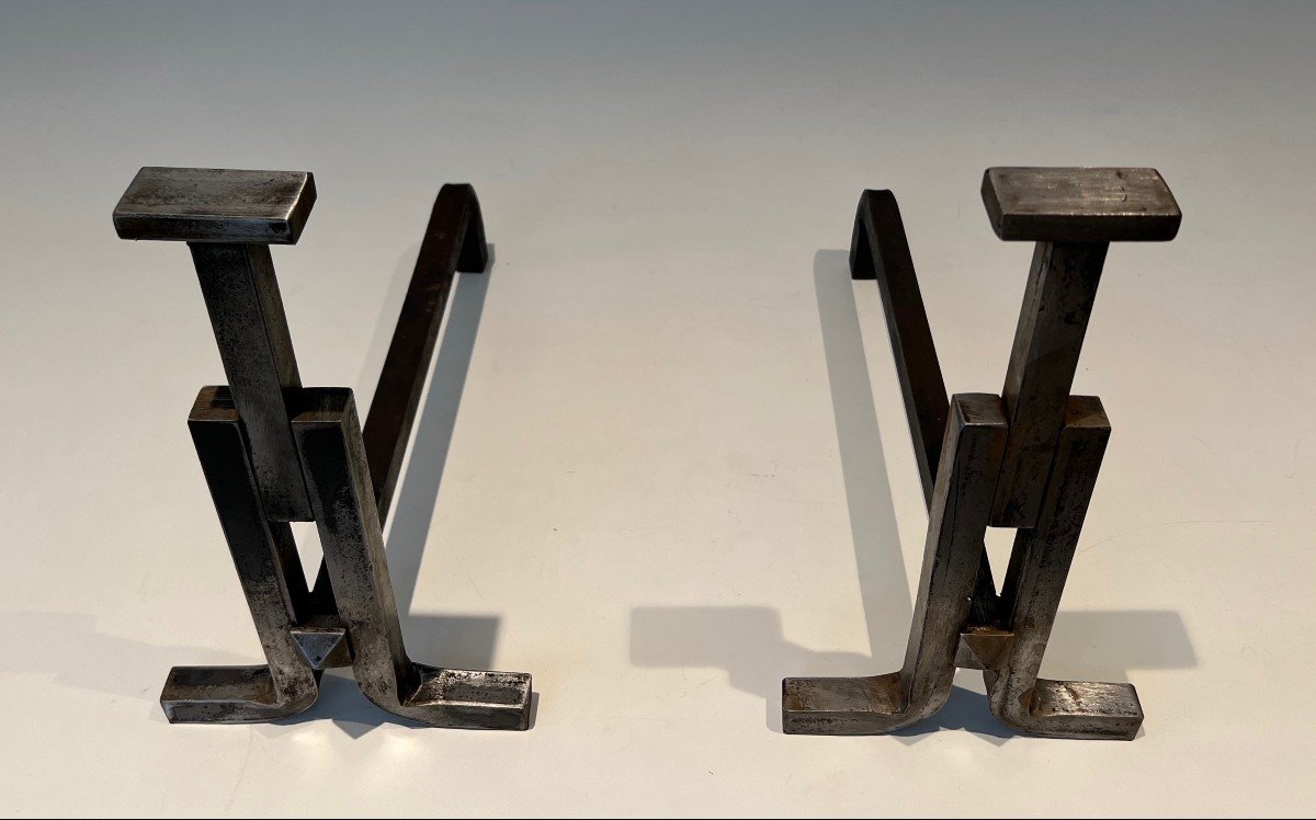 Pair Of Modernist Wrought Iron Andirons. French Work. Circa 1950-photo-4