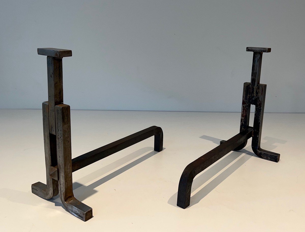 Pair Of Modernist Wrought Iron Andirons. French Work. Circa 1950-photo-3