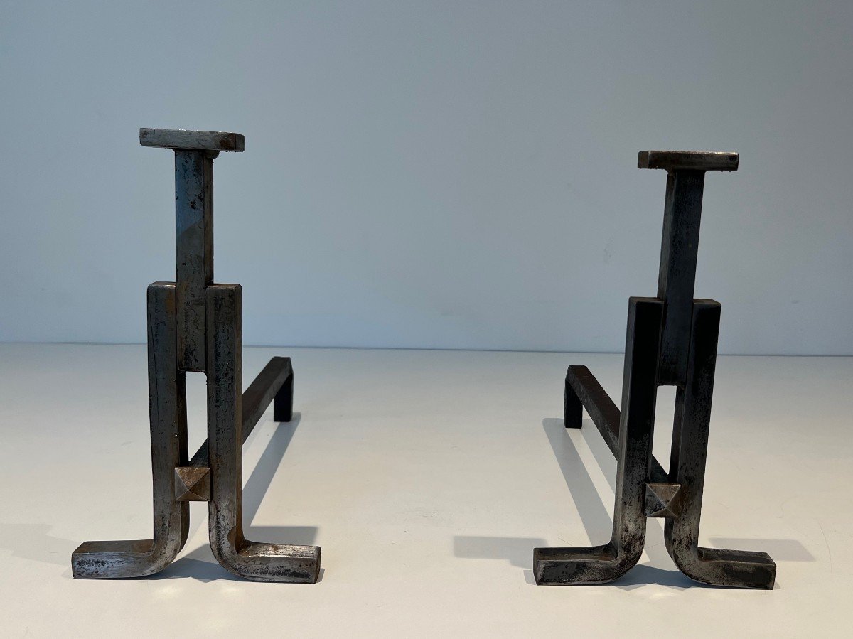 Pair Of Modernist Wrought Iron Andirons. French Work. Circa 1950-photo-8