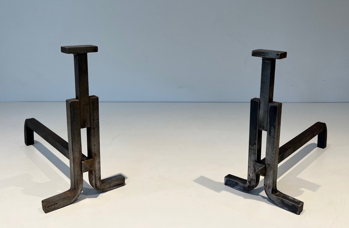 Pair Of Modernist Wrought Iron Andirons. French Work. Circa 1950