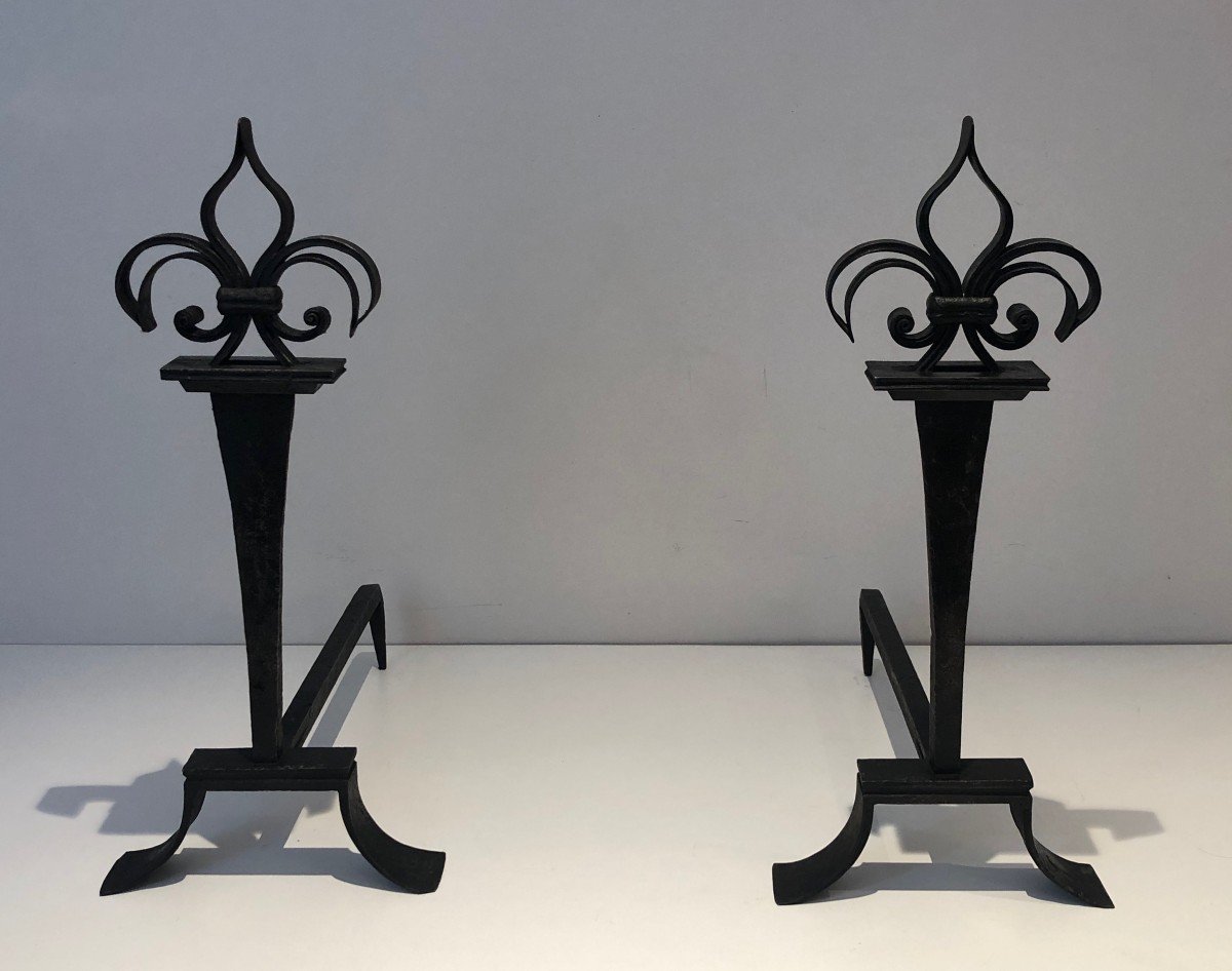 Pair Of Wrought Iron Andirons Topped With Fleurs De Lys. French Work. Around 1950-photo-2