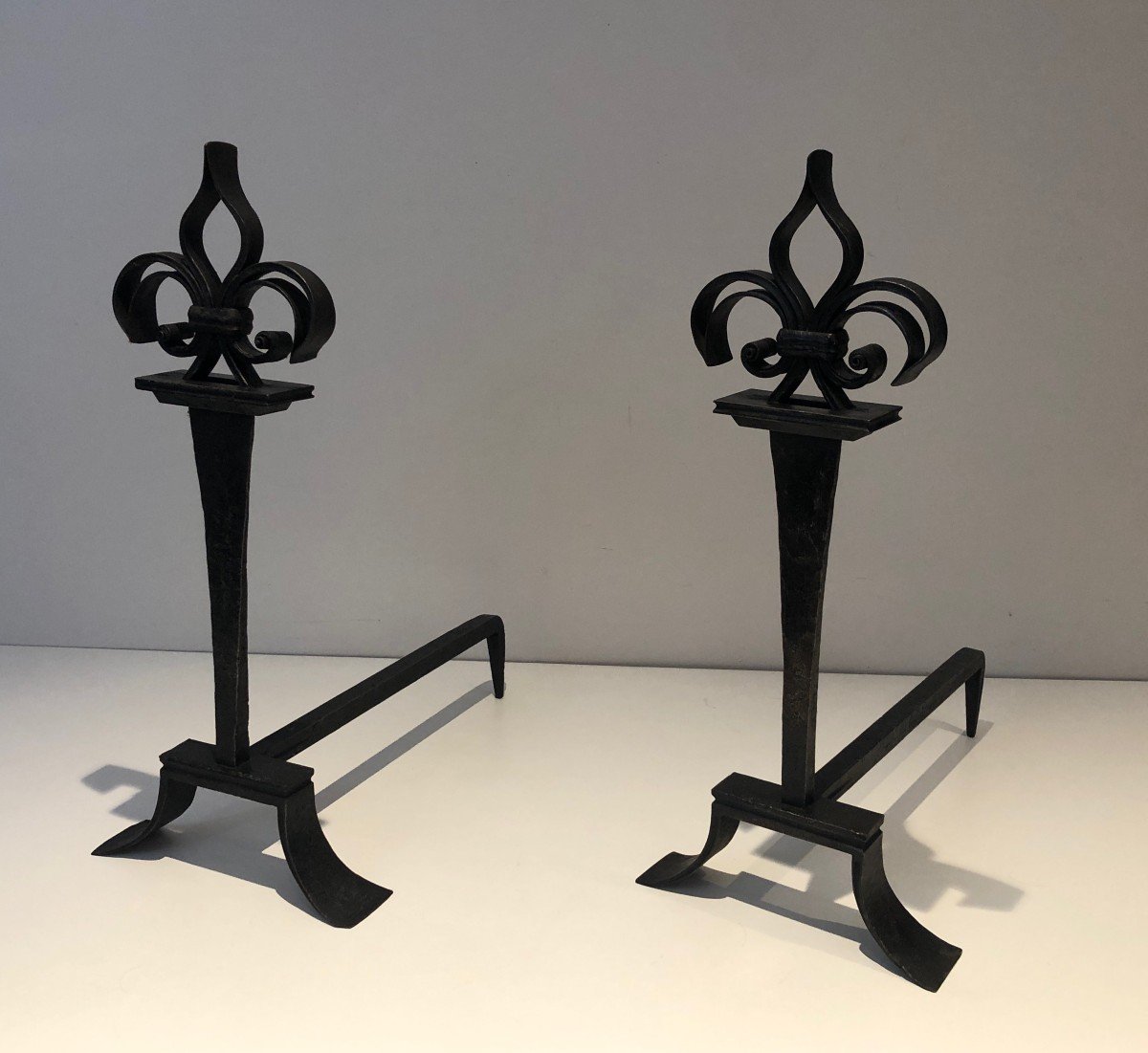 Pair Of Wrought Iron Andirons Topped With Fleurs De Lys. French Work. Around 1950-photo-3