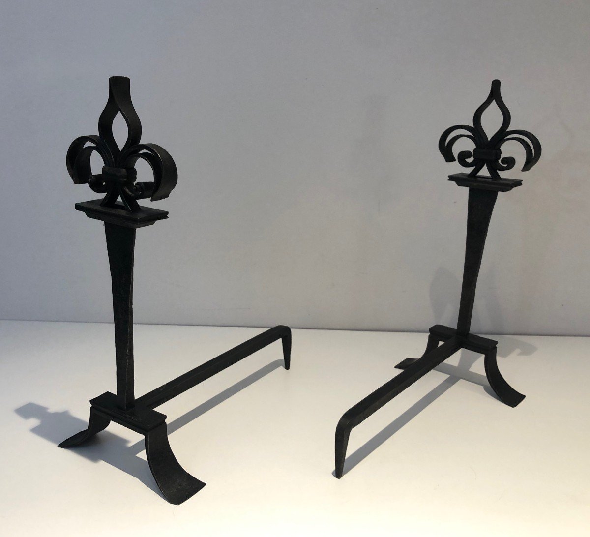 Pair Of Wrought Iron Andirons Topped With Fleurs De Lys. French Work. Around 1950-photo-2