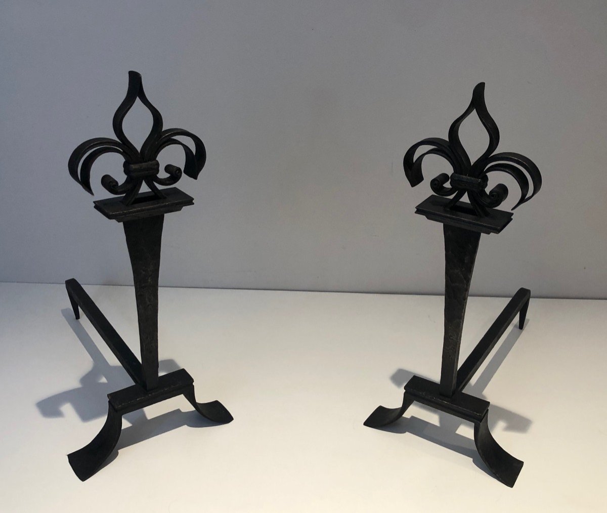 Pair Of Wrought Iron Andirons Topped With Fleurs De Lys. French Work. Around 1950-photo-8