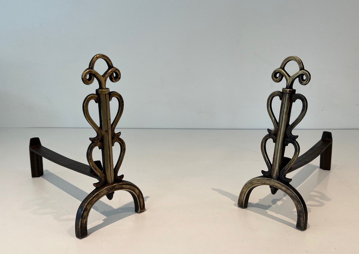 Pair Of Brass And Wrought Iron Andirons. French Work In The Style Of Raymond Subes. . Circa 1940-photo-2