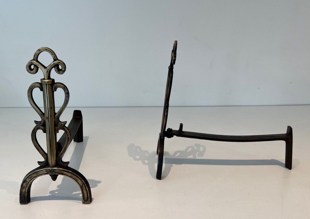 Pair Of Brass And Wrought Iron Andirons. French Work In The Style Of Raymond Subes. . Circa 1940-photo-3