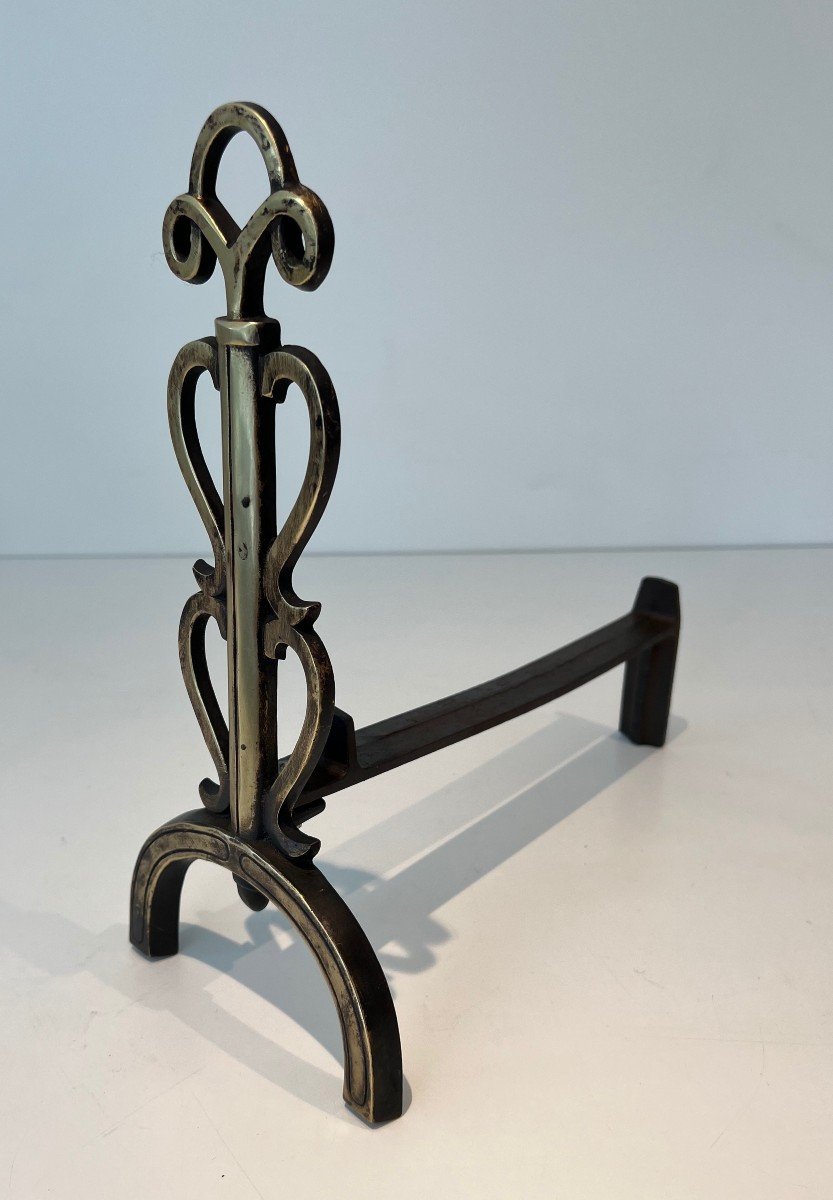 Pair Of Brass And Wrought Iron Andirons. French Work In The Style Of Raymond Subes. . Circa 1940-photo-4