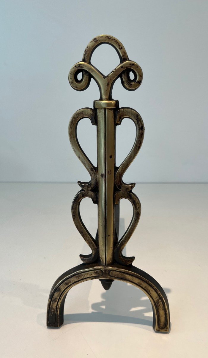 Pair Of Brass And Wrought Iron Andirons. French Work In The Style Of Raymond Subes. . Circa 1940-photo-1