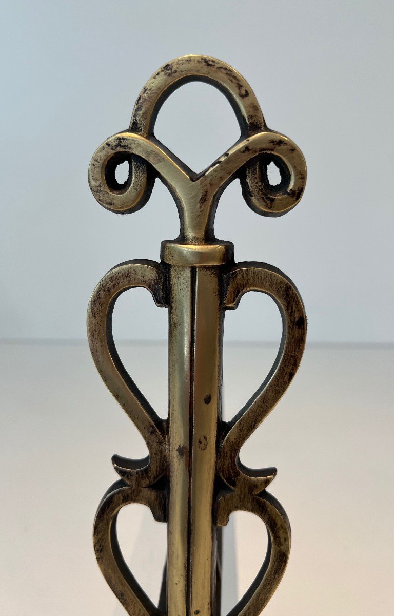 Pair Of Brass And Wrought Iron Andirons. French Work In The Style Of Raymond Subes. . Circa 1940-photo-2