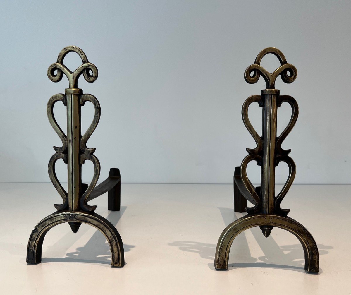 Pair Of Brass And Wrought Iron Andirons. French Work In The Style Of Raymond Subes. . Circa 1940-photo-8