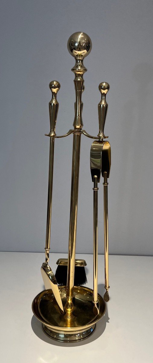 Neoclassical Style Brass Fireplace Tools On Stand. French Work. Circa 1970-photo-2