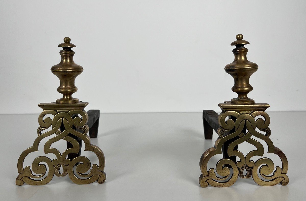 Pair Of Chiseled Bronze And Wrought Iron Andirons. French Work In The Louis The 15th Style. 19th Century-photo-8