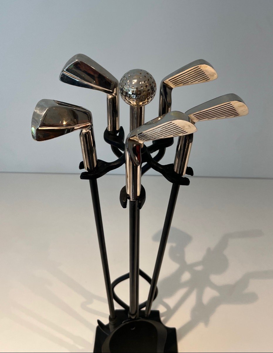 "golf" Model Fire Kit In Black Lacquered Metal And Chrome-plated Brass Made Up Of Elements On The Golf Theme Represented By Chrome-plated Brass-photo-2