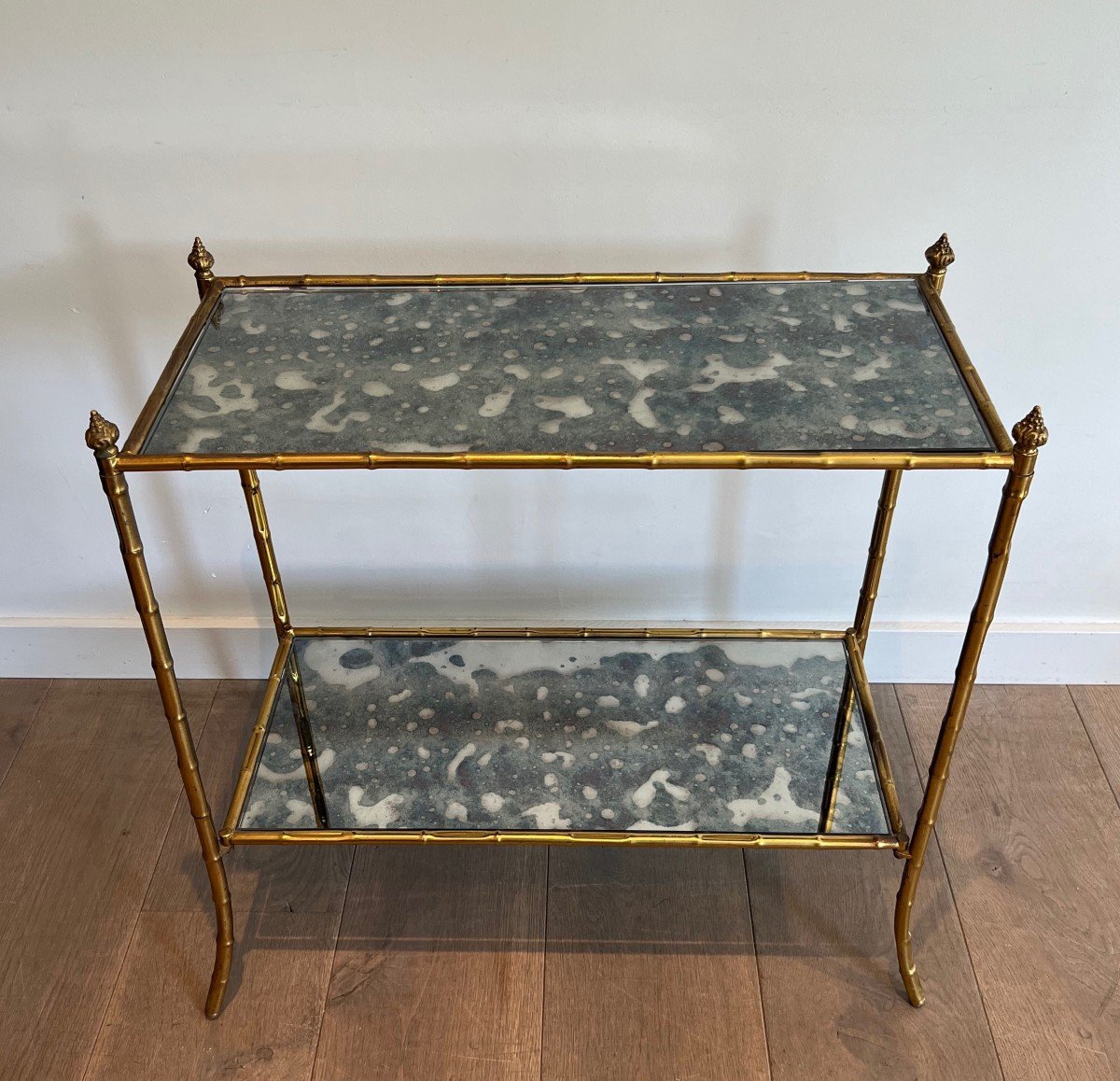 Pair Of Faux-bamboo Side Tables Made Of Gilt Metal And Beautiful Oxydized Mirror Tops. This Is A Work In The Style Of Maison Baguès. -photo-4