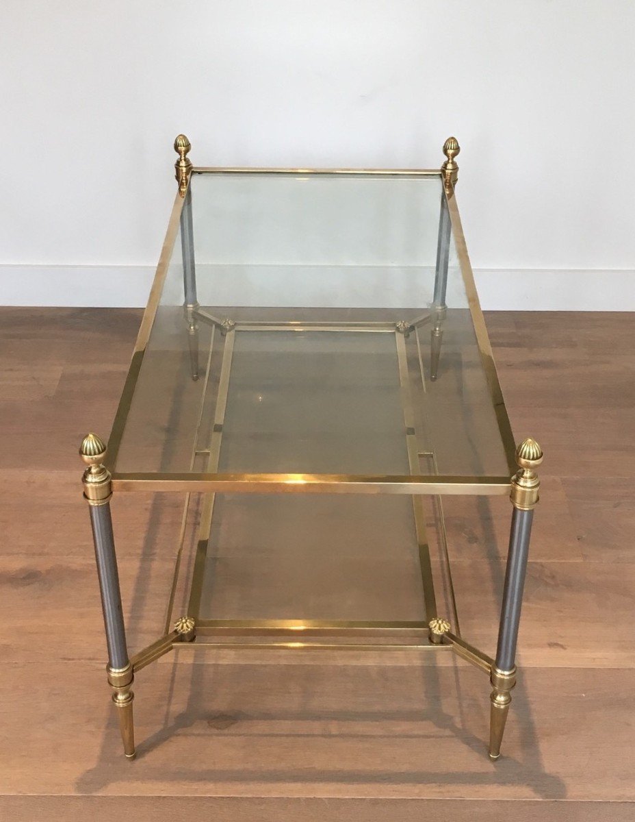 Neoclassical Style Brushed Steel And Brass Coffee Table. French Work By Maison Jansen