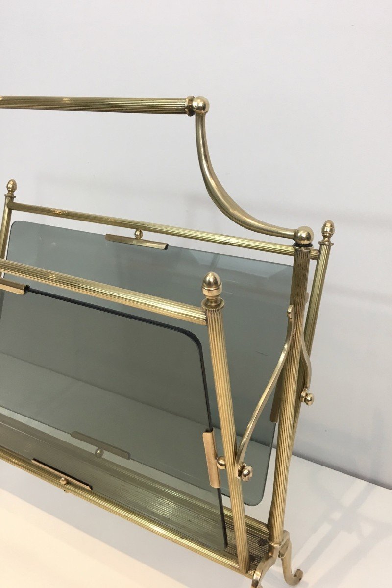 Neoclassical Style Brass And Blueish Glass Magazine Rack. French Work By Maison Jansen. Circa 1-photo-2
