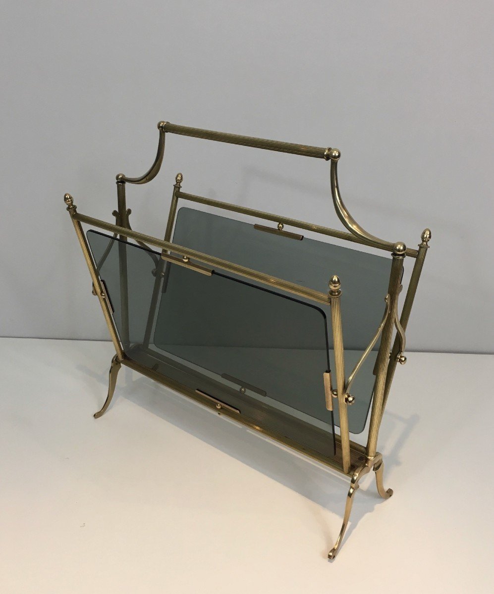 Neoclassical Style Brass And Blueish Glass Magazine Rack. French Work By Maison Jansen. Circa 1-photo-8