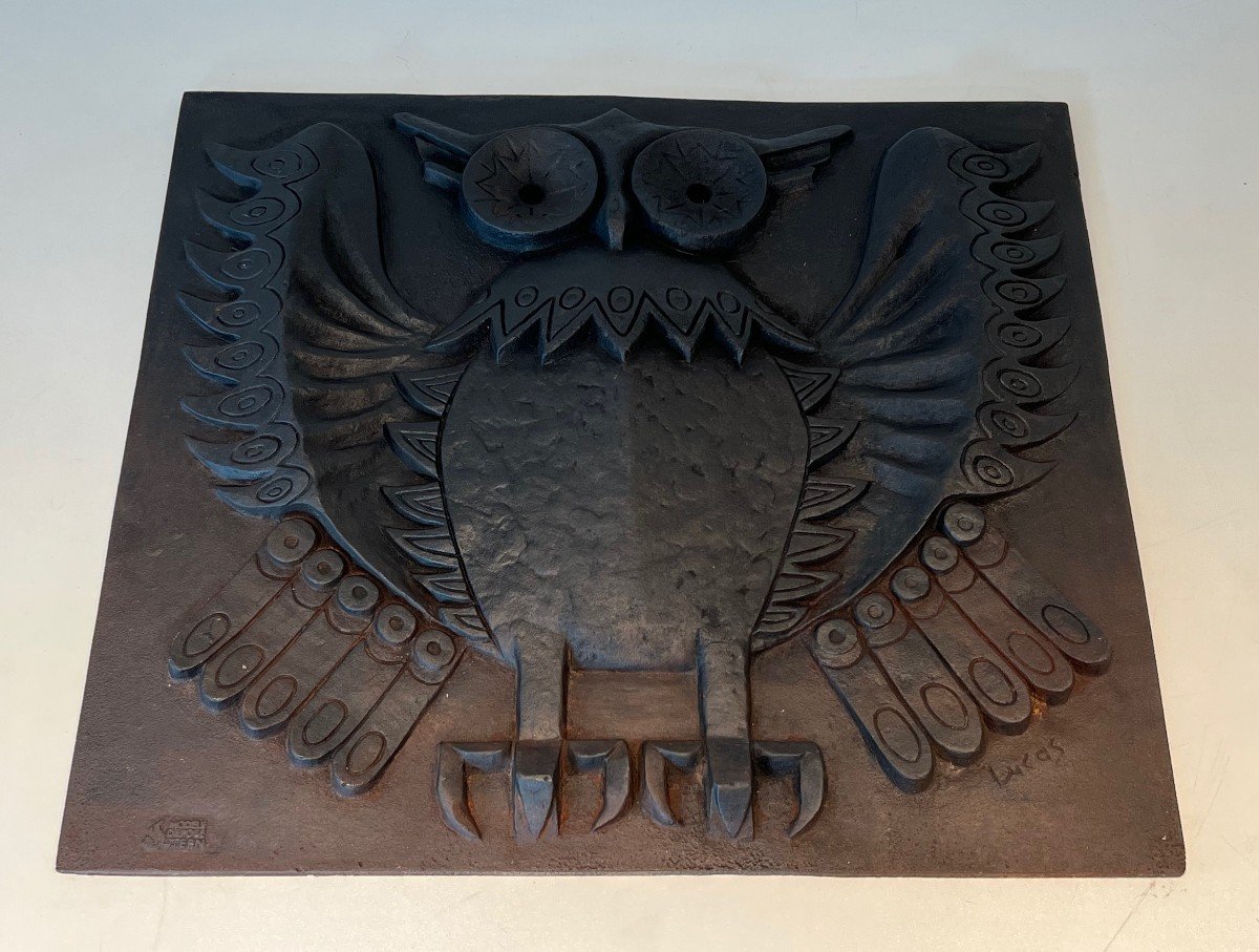 Modernist Cast Iron Fireback Showing An Owl-photo-7