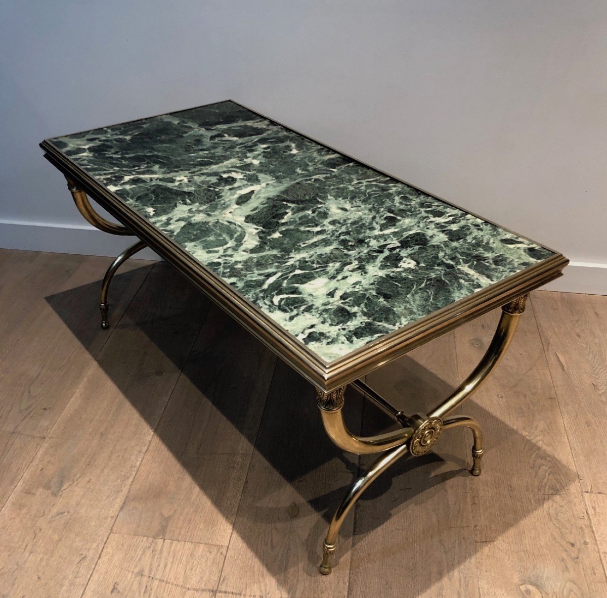 Neoclassical Style Brass Coffee Table With Green Marble Top By Raymond Subes-photo-2