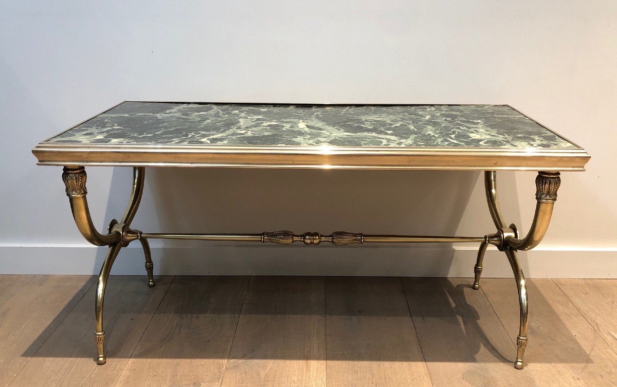 Neoclassical Style Brass Coffee Table With Green Marble Top By Raymond Subes-photo-3