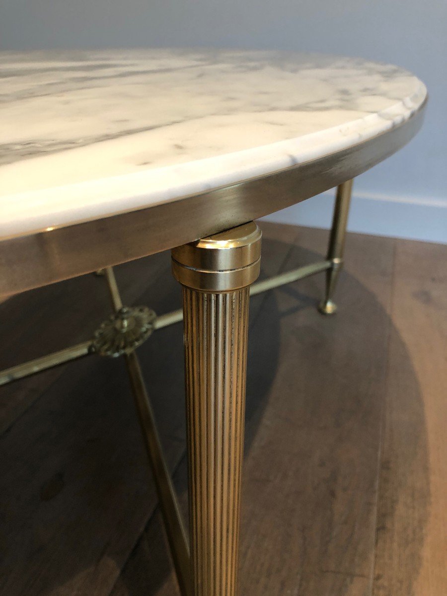 Neoclassical Style Oval Brass Coffee Table With Carrara White Marble Top. French Work By Maison Jansen. Circa 1940-photo-2