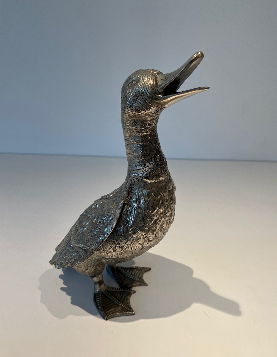 Tall Silvered Bronze Duck Finely Chiseled. French Work. Circa 1970-photo-2