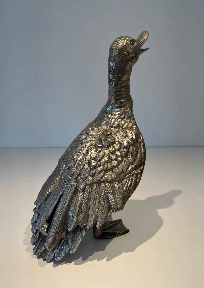 Tall Silvered Bronze Duck Finely Chiseled. French Work. Circa 1970-photo-4