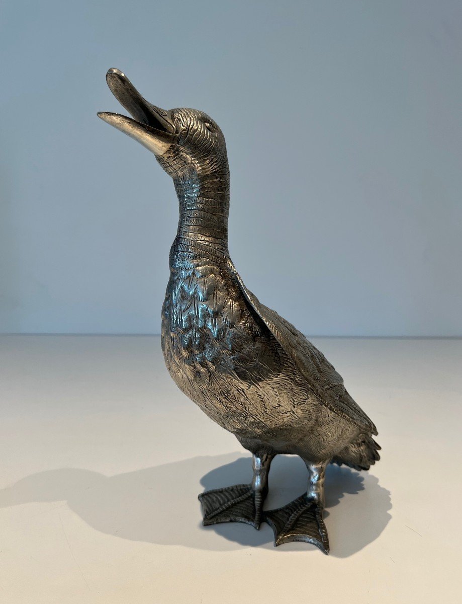 Tall Silvered Bronze Duck Finely Chiseled. French Work. Circa 1970-photo-5